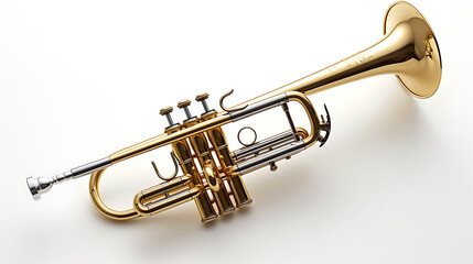 A striking, gleaming trumpet stands proudly against a clean white background, ready to enchant the world with its soulful melodies.
