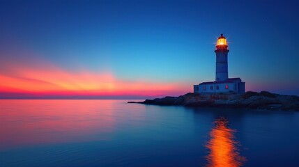 Fototapeta premium a light house sitting on top of a rock in the middle of a body of water with a sunset in the background.