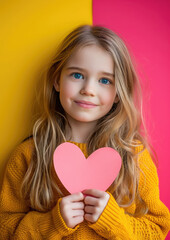 little cute girl holding a paper heart on a colored background in the studio, love, valentine's day, mother's day, congratulation, gift, celebration, child, kid, children, childhood