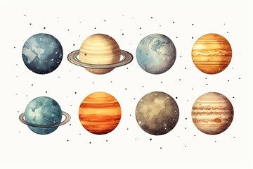 set of retro five small varios types planets isolated on white background; minimalism; watercolor illustration;