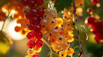  a close up of a bunch of berries hanging from a tree with green leaves and red berries in the foreground.
