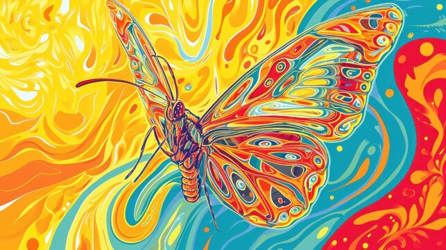  a painting of a colorful butterfly flying through the air with a yellow and blue swirl pattern on it's wings.