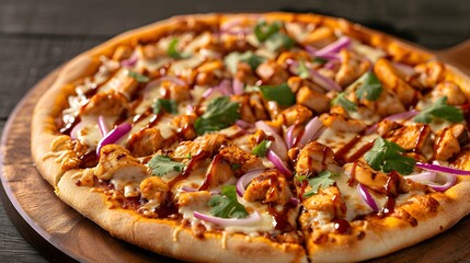 BBQ chicken pizza with a smoky barbecue sauce base, tender grilled chicken, gooey mozzarella...