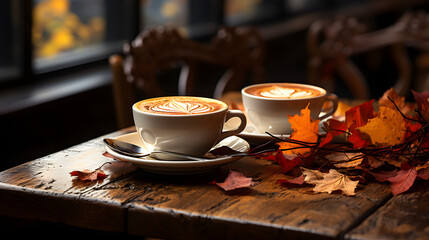 cups with aromatic latte and cappuccino coffee made from beans of different varieties and...