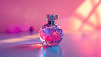 Obraz na płótnie Canvas a bottle of perfume sitting on top of a table next to a pink and blue wall with a light shining on it.