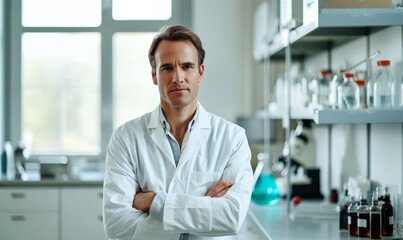 Male Scientist with Arms Crossed in Lab. Generative AI.