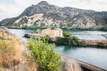 Fototapeta na wymiar Xerta weir (Assut de Xerta) on the Ebro river, Lower Ebro region, Province of Tarragona, Catalonia, Spain