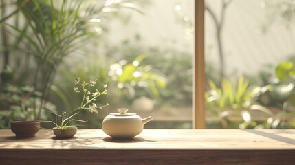 A charming display of nature and craftsmanship, as a vibrant houseplant sits in a delicate flowerpot atop a rustic wooden table, complemented by a beautiful vase filled with blooming flowers, all bas