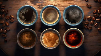 cups with aromatic coffee from beans of different varieties and manufacturers. top view. comparison of different coffee options