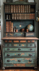 Antique Distressed Green and Wood Librarian's Desk