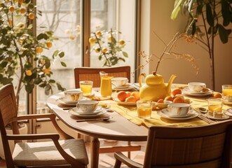  a table is set with plates, cups, and a pitcher of oranges and a pitcher of orange juice.