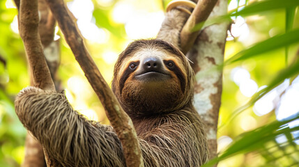 Funny sloth hanging on tree branch, cute face look, perfect portrait of wild animal. Generative Ai