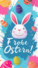 Happy Easter! Banner with easter eggs, bunny and calligraphy text "Frohe Ostern". Modern style. Background for instagram story, vertical banner or greeting card