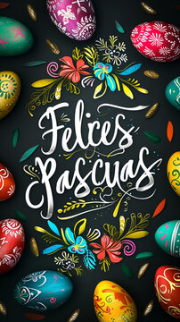 Happy Easter! Banner with easter eggs flowers and calligraphy text "Felices Pascuas". Dark background, vivid colors, modern style. Instagram story, vertical banner or greeting card