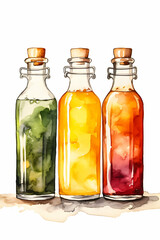 Hand-painted juice bottles in a variety of colors, watercolor style on white.