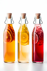 Four bottles with different shades of juice on a white background.