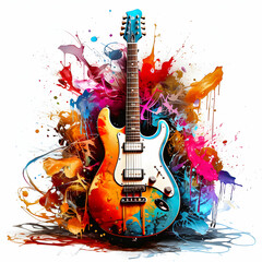Electric guitar with vibrant paint splashes on a white background. - obrazy, fototapety, plakaty