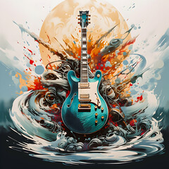 Guitar in a storm of colors and water, artistic music concept. - obrazy, fototapety, plakaty