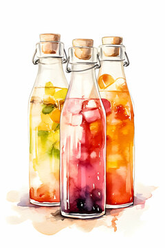 Vibrant watercolor infused waters in glass bottles, with citrus slices.