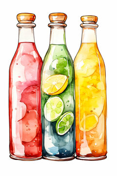 Watercolor painting of three bottles with colorful fruit-infused water.
