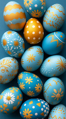 Fototapeta na wymiar Happy Easter! Banner with blue and yellow easter eggs in a basket. Vertical banner, instagram story background or greeting card.