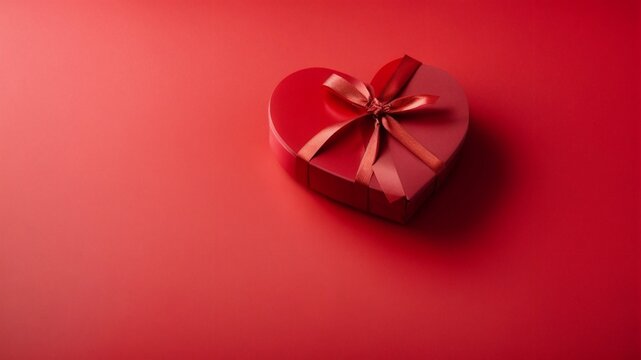 Top view of a valentines day gift on a red background with copy space