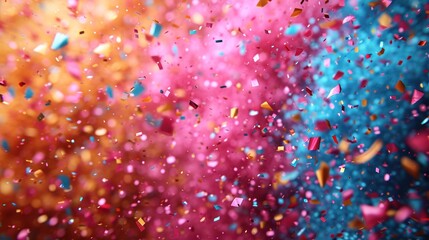  a blurry image of colorful confetti and confetti on a black and white background with a red, yellow, blue, pink, and orange and blue confetti.