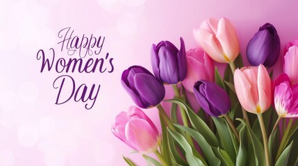 Fototapeta premium Happy Womens day .Vibrant spring scene captured in a single image featuring delicate tulips surrounded by handwritten text on a soft pink backdrop, with hues of violet, lilac.