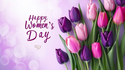 Happy Womens day. Vibrant tulips in shades of pink and purple bloom in a handwritten garden, evoking feelings of spring and showcasing the delicate beauty of nature's colors