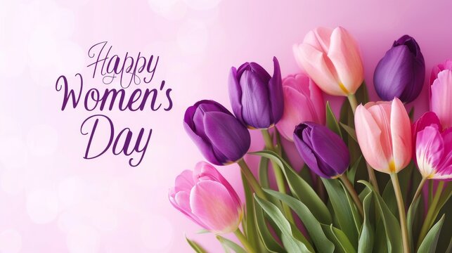 Happy Womens day .Vibrant spring scene captured in a single image featuring delicate tulips surrounded by handwritten text on a soft pink backdrop, with hues of violet, lilac.