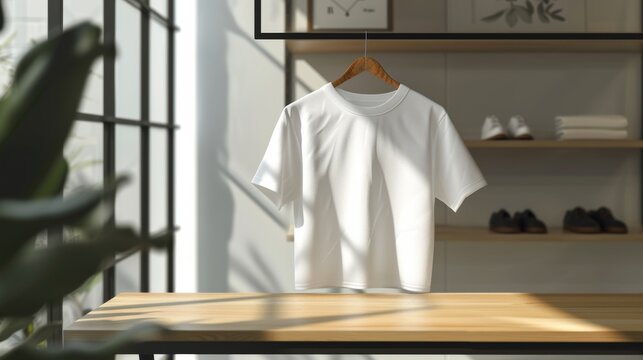 A white shirt hangs loosely on a swinger, creating a contrast against the indoor wall and evoking a sense of carefree rebellion