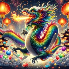Fototapeta na wymiar Vibrant Chinese Dragon Dance Performance Celebrating Lunar New Year at Night