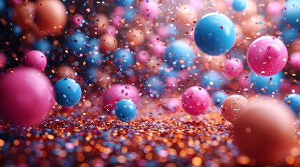 Fototapeta na wymiar a bunch of blue and pink balls floating on top of a purple and pink floor covered in confetti.