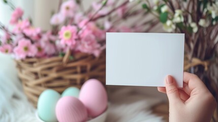 Obraz premium A person's hand delicately holds a vibrant easter card in front of a basket overflowing with colorful eggs, surrounded by blooming flowers in an indoor setting