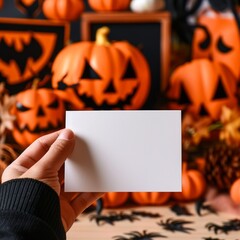 A person's hand grips a white card adorned with a vibrant image of a bountiful autumn harvest, featuring a colorful array of vegetables such as pumpkins, squash, and cucurbita, evoking the festive sp