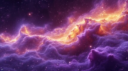  an image of a space scene with stars and clouds in the foreground and an orange and purple cloud in the middle of the image.