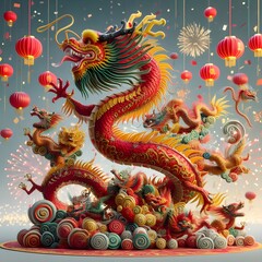 Obraz premium Vibrant Chinese Dragon Dance Performance Celebrating Lunar New Year at Night