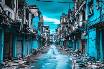 abandoned ruined city street with old houses - obrazy, fototapety, plakaty