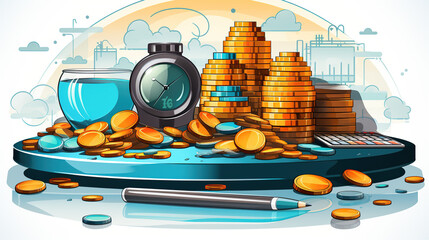 A Conceptual Illustration of Time and Money Management with Coins, Clock, Calculator, and a Pencil on a Table with an Industrial Background