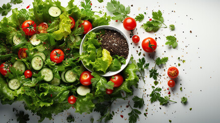 Fresh Garden Salad with Crisp Lettuce, Juicy Tomatoes, Sliced Cucumbers, and a Sprinkle of Herbs on a White Background