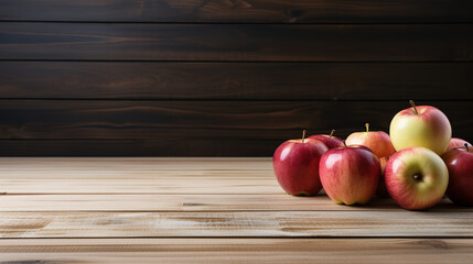 A Collection of Fresh Apples on a Wooden Surface, Illuminated by Soft Lighting Creating a Warm and Inviting Atmosphere