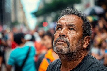 A curious man gazes upward, his wide eyes revealing a mix of wonder and contemplation, his weathered face framed by a bushy beard and mustache as he stands on a bustling city street, his forehead fur