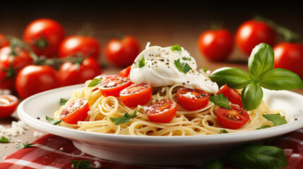 A Delicious Plate of Spaghetti Pasta Topped with Fresh Tomatoes, Basil, and Creamy Sauce, Perfect for a Gourmet Italian Meal Experience
