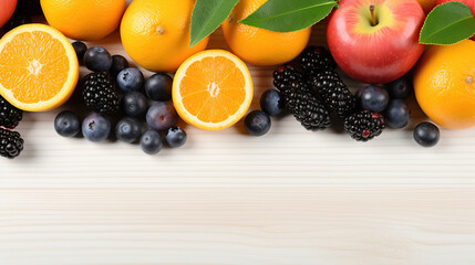 A Vibrant Display of Fresh Fruits Including Oranges, Apples, and Berries on a Light Wooden Surface
