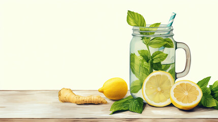 Refreshing Lemon and Mint Infused Water in a Mason Jar, with Fresh Ingredients on a Wooden Surface, Perfect for Detox and Hydration