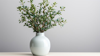 A Serene Composition of Fresh Green Branches Elegantly Displayed in a Modern Light Blue Vase, Illuminated by Soft Natural Light