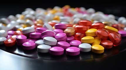 A Close-Up View of Colorful Assorted Pills and Capsules on a Dark Surface, Highlighting the Variety in Modern Medicine