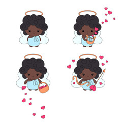 Cartoon angel African child with wings and nimbus. Cherub or Cupid set, collection. Vector illustration. Valentines day angels with hearts