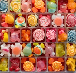  a box filled with lots of different colored lollipops next to a container of smaller lollipops.