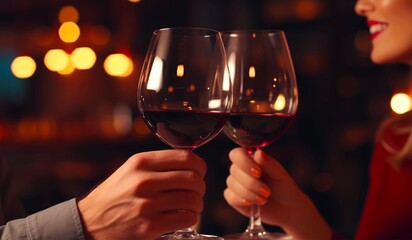 A couple clinking glasses of red wine in a restaurant.